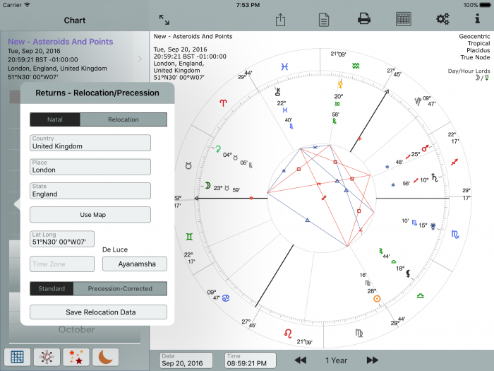 Long Press Solar Or Lunar Return Button shows Relocation/Precession popover